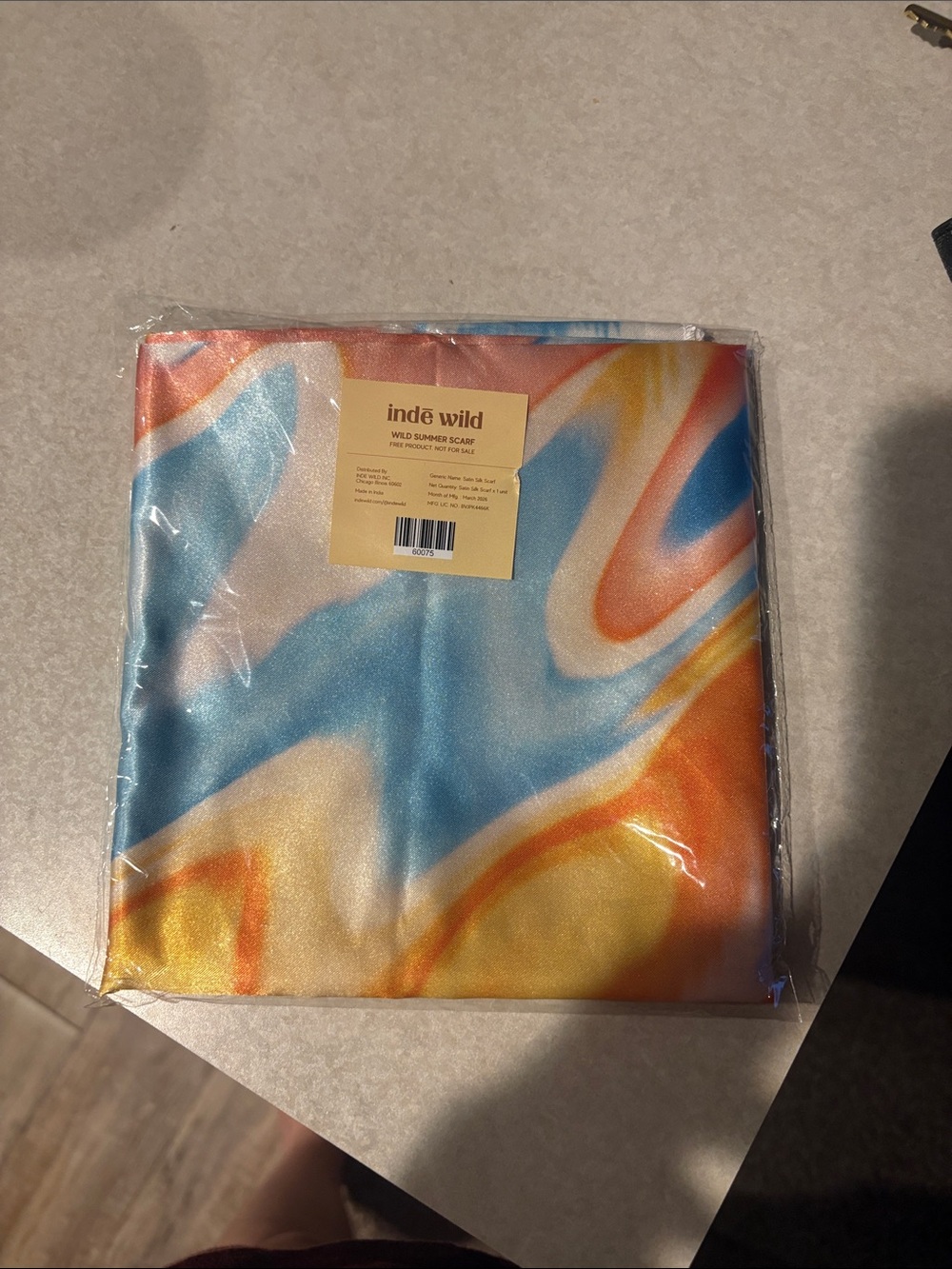 Marble Print Silk-Feel Scarf in Blue, Orange & Yellow